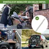 Collage of images showing a ramp being used for a stroller, a motorcycle, and bicycles on a car rack, with a close-up of the ramp. Produktbild-Vorschau