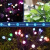 A collage of images showcasing solar-powered garden lights in various settings and close-ups, along with feature icons. Produktbild-Vorschau