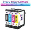 Four ink cartridges lined up in a row, with marketing text above. Produktbild-Vorschau