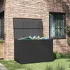 A black garden storage box filled with gardening tools is placed on a lawn next to a brick wall. Produktbild-Vorschau