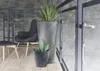 Two planters with plants on a wooden floor next to a chair, with a railing and concrete wall in the background. Produktbild-Vorschau