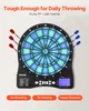 A VEVOR electronic dartboard with LED lighting and darts is displayed against a light gray background. Text overlays highlight product features. Produktbild-Vorschau