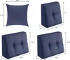 A collage of images showing different sizes and orientations of blue wedge pillows, with dimensions indicated. Produktbild-Vorschau