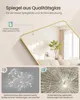 A mirror with a gold frame is shown, with close-ups illustrating its features and safety. Produktbild-Vorschau