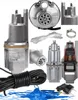A collage of images showing a submersible pump and its components, along with accessories like a rope and power cord. Podgląd zdjęcia produktu