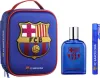 A product shot of a FC Barcelona branded perfume set, including a toiletry bag, a 100ml Eau de Toilette bottle, and a 10ml travel spray. Podgląd zdjęcia produktu