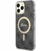 A close-up side view of a black and gray patterned phone case with a gold Guess logo and MagSafe ring. Voir les images du produit