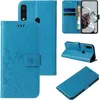 A collage of images showing a blue flip phone case with a floral and butterfly design from multiple angles, including its interior card slots and stand function. Produktbild-Vorschau