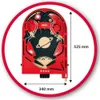 A red wooden pinball game with a space theme, shown in a circular frame with dimensions indicated. Produktbild-Vorschau