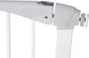 Close-up of the locking mechanism and adjustment knob of a white safety gate. Voir les images du produit