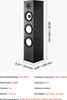A black floor-standing speaker with dimensions and specifications listed. Produktbild-Vorschau