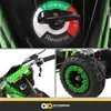 A collage of three close-up images of a children's electric quad bike, showcasing its controls, handlebars, and wheel. Produktbild-Vorschau