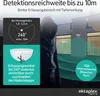 Marketing image showing a person in a hooded jacket in front of a building, with graphics illustrating the detection range and features of a security light. Anteprima dell’immagine prodotto