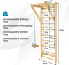 A wooden climbing wall with various attachments, including a trapeze, rope ladder, and disc swing, with dimensions and weight capacity indicated. Podgląd zdjęcia produktu