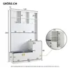 A diagram showing the dimensions of a white hallway cabinet with a bench and hooks. Produktbild-Vorschau