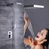 A split image showing a modern shower system on a textured gray wall and a woman enjoying the water from a shower head. Produktbild-Vorschau