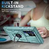 A person is blurred in the background, while a teal phone case with a ring stand is prominently displayed in the foreground on a table. Produktbild-Vorschau