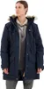 A woman wearing a navy blue parka with a grey hoodie underneath, standing against a white background. Podgląd zdjęcia produktu