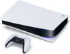 A white and black PlayStation 5 console with a white controller in front of it, on a white background. Produktbild-Vorschau