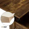 Close-up view of a wooden table surface and a stack of MDF boards. Produktbild-Vorschau