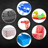 A collage of various products including a car grill, a blue table and chairs, a toy horse, a red plastic chair stack, a beige storage bin, a blue storage bin, and a hand holding a red plastic welding tool. Produktbild-Vorschau