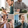 Collage of four images showing a dark green phone case with a stand in different use scenarios. Náhľad obrázku produktu