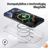 A smartphone case is shown with a smartphone charging wirelessly, demonstrating MagSafe compatibility. Podgląd zdjęcia produktu