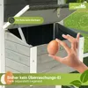 A hand holding an egg in front of a chicken coop, with text overlays highlighting product features. Produktbild-Vorschau