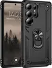 A black rugged phone case with a ring holder is shown next to a smartphone displaying a lock screen. Produktbild-Vorschau