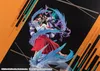 A dynamic action shot of a figurine with swirling blue and purple effects, set against a black and orange background with graphic lines. Produktbild-Vorschau