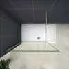 A top-down view of a walk-in shower enclosure with a white shower tray, glass panels, and a silver support pole, set against dark gray tiled walls and light beige tiled floor. Produktbild-Vorschau