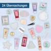 A collection of small beauty and personal care products arranged on a light blue background, suggesting an advent calendar. Produktbild-Vorschau