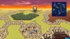 A video game scene showing a landscape with a small village, a forest, and a large mechanical creature in the distance. A mini-map is displayed in the top right corner. Produktbild-Vorschau