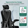 Close-up of an ergonomic office chair with diagrams illustrating its features. Produktbild-Vorschau