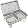 A stainless steel chafing dish with two compartments and its lid open. Náhled obrázku produktu