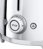A close-up view of the control panel of a white and chrome toaster. Produktbild-Vorschau