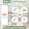 A diagram illustrating the four functions of a multifunctional bed, with text and icons. Produktbild-Vorschau