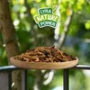 A wooden bowl filled with dried insects sits on a railing, with a blurred green background of trees and foliage. A logo with text is visible in the upper right corner. Produktbild-Vorschau