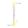 A thermometer with yellow caps on both ends and a transparent tube containing red and blue liquid is shown against a white background. Arrows indicate 360-degree rotation. Produktbild-Vorschau