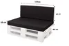 A white pallet sofa with black seat and back cushions, with dimensions indicated by text overlays. Produktbild-Vorschau