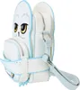 A side view of a white owl-shaped handbag with light blue trim. Produktbild-Vorschau