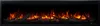A wide, black-framed electric fireplace with realistic-looking orange and yellow flames and dark, wood-like decorative elements. Podgląd zdjęcia produktu