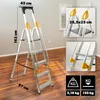 A stepladder is shown in a room with wooden floors and light-colored walls, with close-up insets highlighting features and dimensions. Podgląd zdjęcia produktu