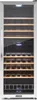 A front view of a silver and black wine cooler with wooden shelves, illuminated from the inside. Produktbild-Vorschau