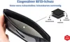 A hand holding open a black leather cardholder, with a diagram showing the layers of the RFID protection. Produktbild-Vorschau