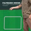 A person is holding a portable soccer rebounder net with text overlays describing its features. Náhled obrázku produktu