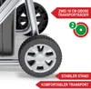 Close-up of the wheels of a garden shredder, with marketing text highlighting features. Produktbild-Vorschau