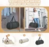 A collage showing a duffel bag stored in a closet, a woman carrying the bag outside, and three numbered diagrams illustrating how to store a patterned item in the bag. Produktbild-Vorschau