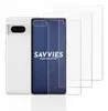 A white smartphone and several clear screen protectors are arranged on a white background. The smartphone is shown from the back, with its camera module visible. One screen protector is placed on the smartphone's screen, displaying the brand name 'SAVVIES' Produktbild-Vorschau
