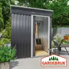 A garden shed with tools inside, set in a garden environment with plants and a wheelbarrow. Anteprima dell’immagine prodotto